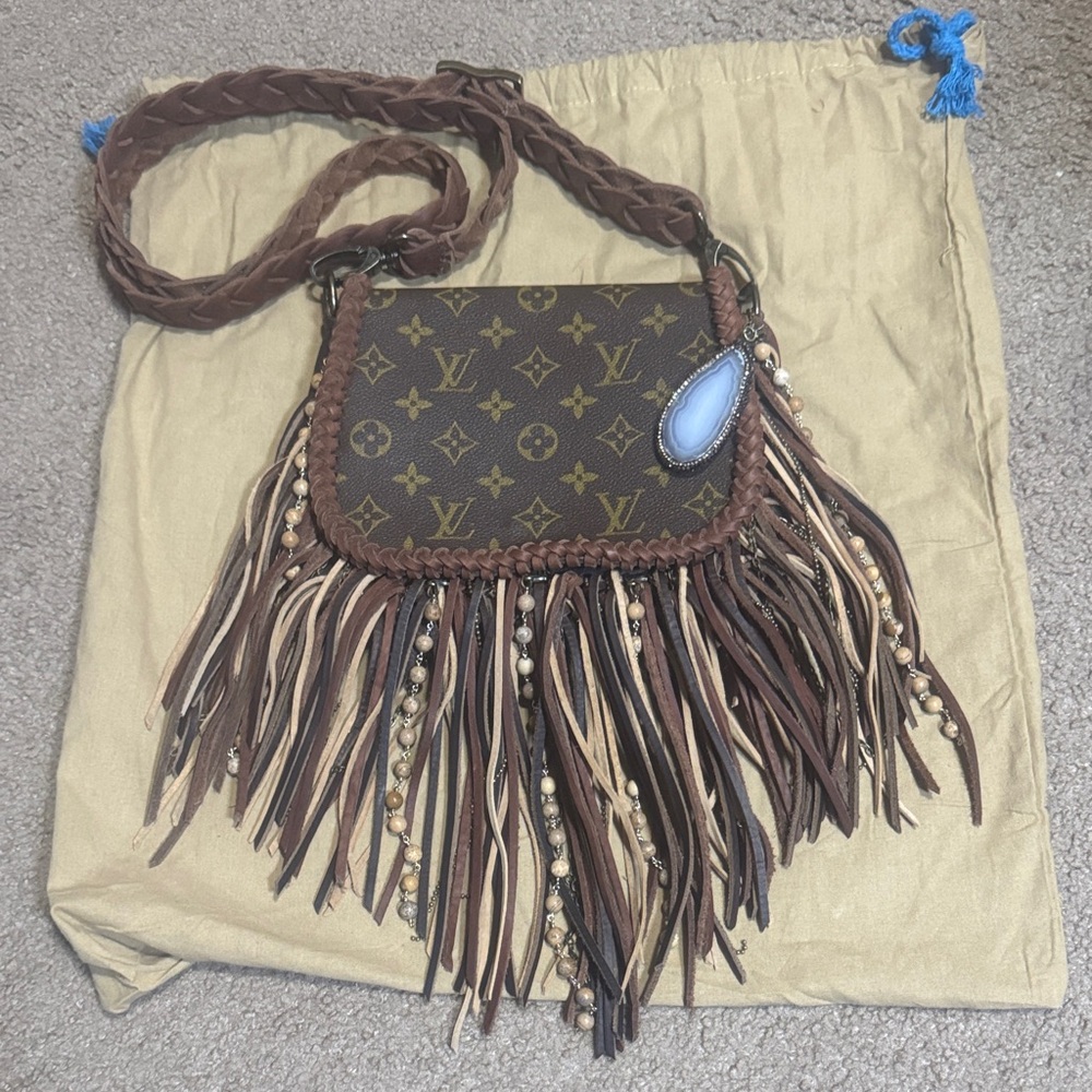 Vintage BOHO Monogram Brown Crossbody with Fringe